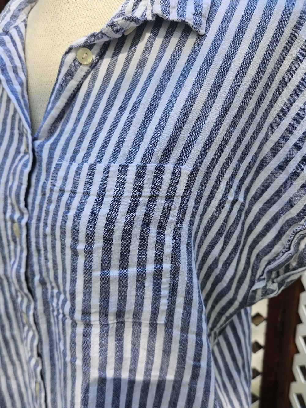 ORVIS Button Up Collared Short Sleeve Linen Blend Striped Shirt Women's Size Med - Picture 3 of 10